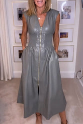 Casual Pocket Zipper V Neck Sleeveless Dresses(3 Colors)